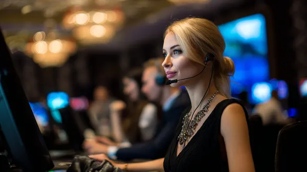 A glamorous woman holding casino chips in a neon-lit environment, representing the premium online casino atmosphere of JLJL10PH.